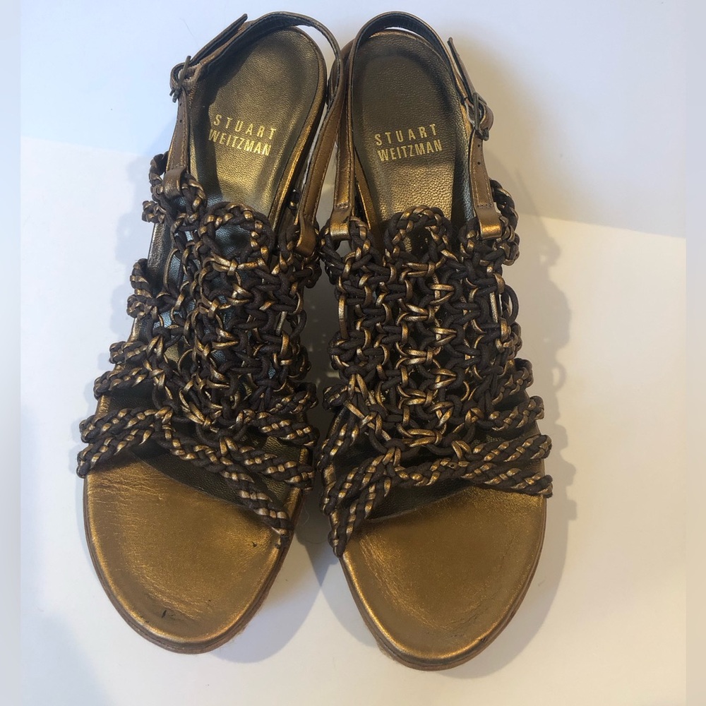 New Stuart Weitzman Braided Woven Brown Bronze Wedge Sandals Size 6.5M